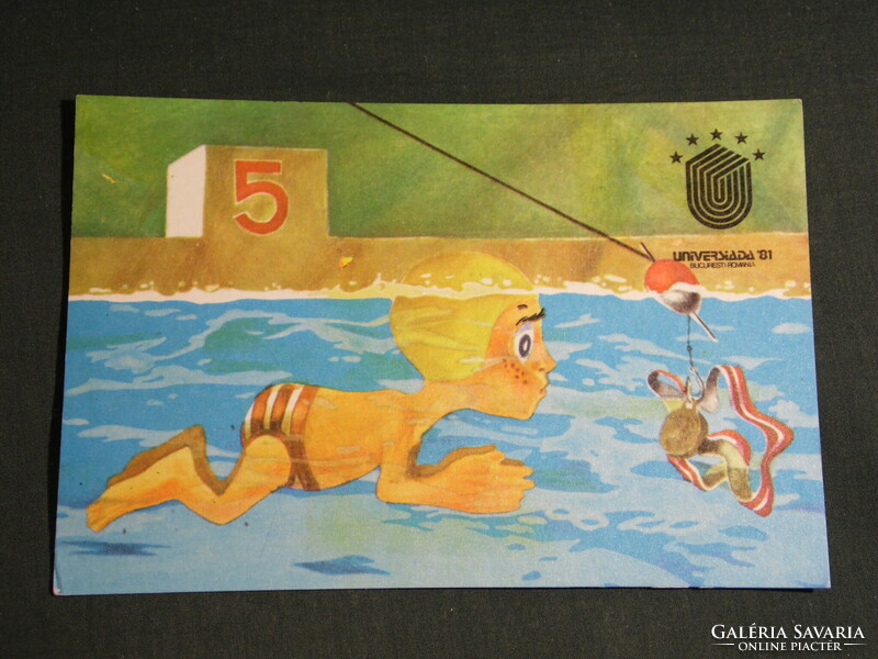Képeslap,Postcard,Romania Bucuresti - Universiada 1981,nyári sportverseny,grafikai rajzos, úszás