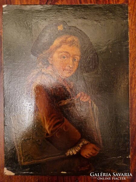 Antique oil painting - boy with album