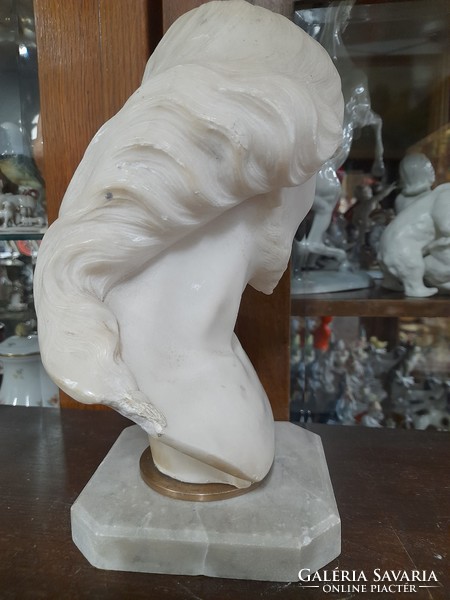 On an old marble plinth, alabaster Jesus bust, bust statue. 25.5 Cm.