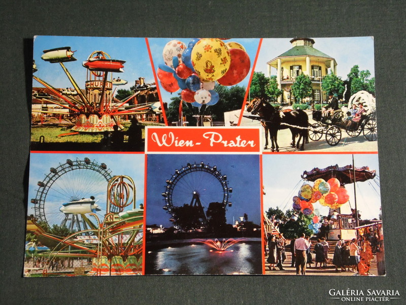 Képeslap,Postcard,Ausztria,Wien Prater, Bécs Vidámpark,mozaik részletek,, kettes fogat,körhinta,lufi