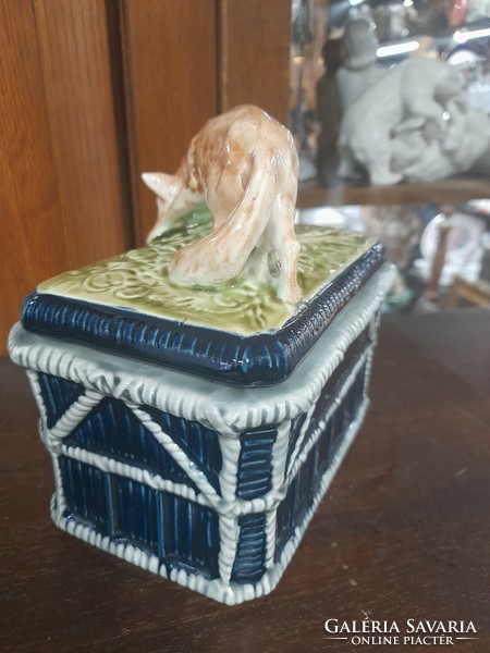 Old glazed ceramic majolica hunter, fox tobacco box with lid.