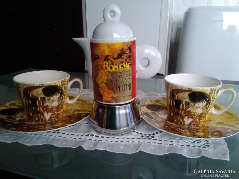 Ritka Olasz porcelán testű 2 személyes kávéfőző G. Klimt csészékkel együtt!