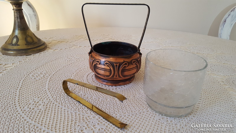 Red copper ice cube holder, with glass insert, brass ice pick