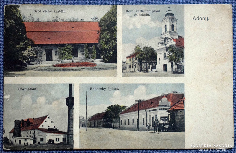 Adony- Gr Zichy kastély, templom,iskola, Gőzmalom, Raboczky épület - mozaik fotó képeslap 1928