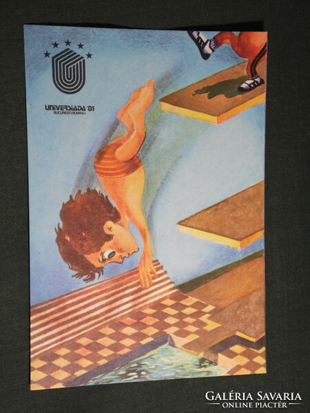 Képeslap,Postcard,Romania Bucuresti - Universiada 1981,nyári sportverseny,grafikai rajzos, műugrás
