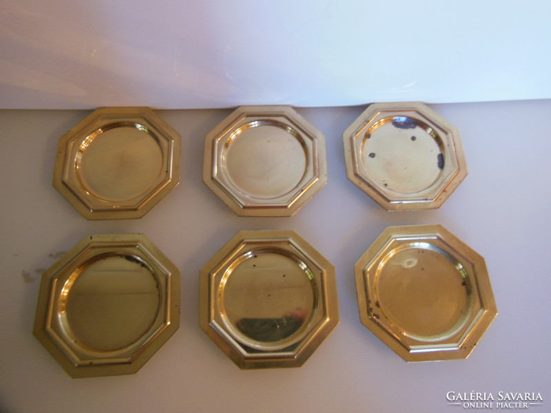 Coasters - brass - 6 pcs - 11 x 11 cm - thick - heavy - needs cleaning - German - perfect