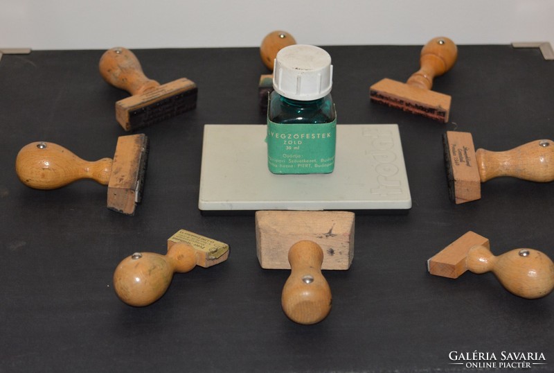 Wooden stamp, seal, printing press + ink pad, + 1 bottle of piért green ink + stamp holder