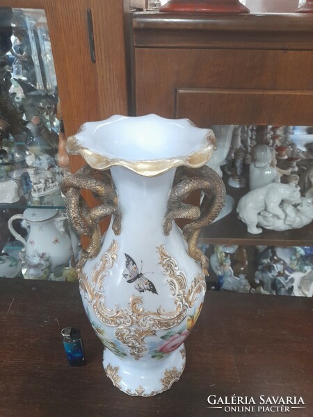 Alt wien austria fischer & mieg pirkenhammer 1853-1873, hand painted, floral, snake vase. 35.5 Cm.