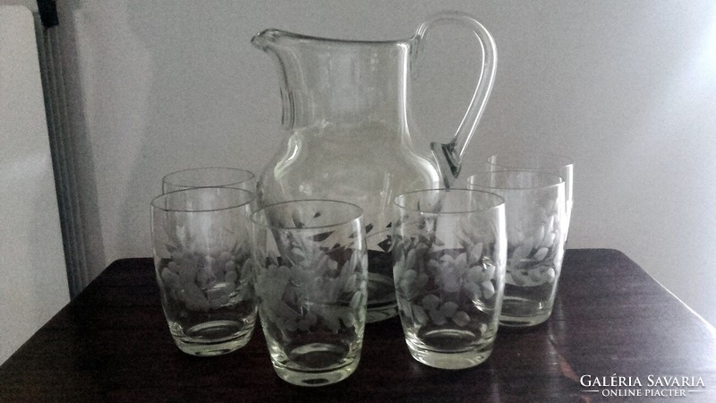 Vintage etched glass water glass set + water pitcher - art&decoration