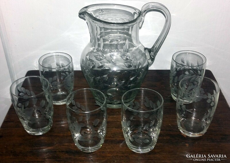 Vintage etched glass water glass set + water pitcher - art&decoration