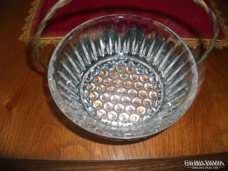 Handmade old metal basket, inside a patterned glass bowl, bottom: 10 cm, height: 6 cm