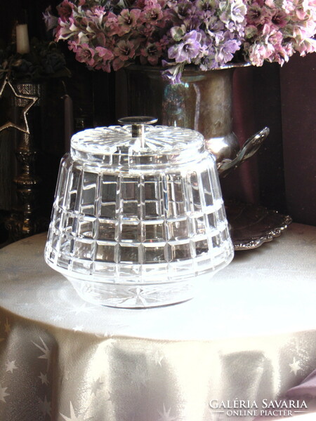 Beautiful heavy glass bowl with lid and silver plated handle
