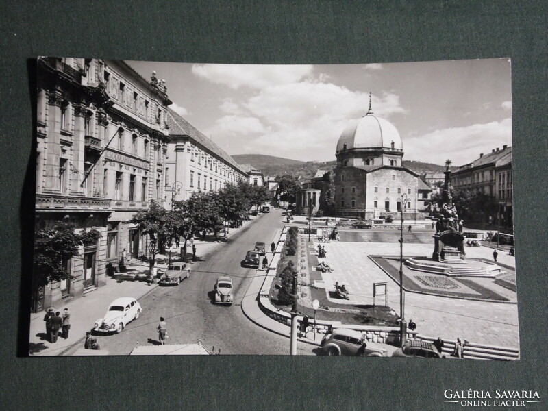 Postcard, Széchenyi Square in Pécs, Holy Trinity statue, Jami Turkish Church skyline, vintage car