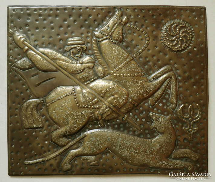 Vintage copper metal hand hammered Russian wall relief wall picture plaque plaque wall picture horse rider hunter