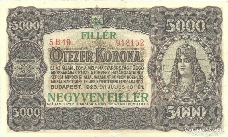 5000 korona / 40 fillér 1923 Nyomdahely nélkül eredeti állapot 3.