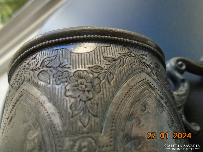 Late 19th century reed&barton Victorian silver-plated pewter baptism cup with decorative tongs, rich patterns