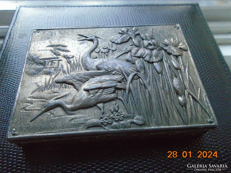 Japanese box with embossed crane and iris pattern on the lid, miniature embossed panoramic landscape on the sides