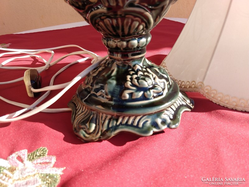 Szecessziós kerámia asztali  lámpa,eredeti selyem burájával,,42 cm,,most minimál ár nélkül,,