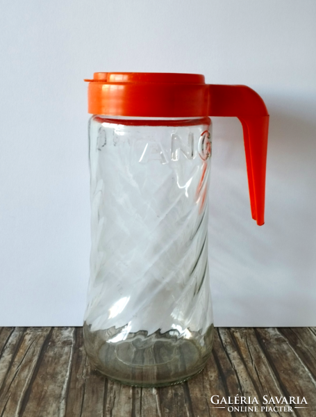 Vintage glass pitcher with tang lid, spout from the 70s