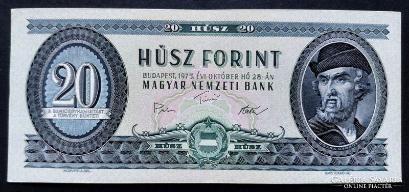 20 Forint 1975, VF+,enyhén ferde nyomat