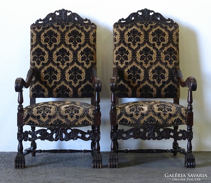 1Q157 pair of antique carved upholstered throne chairs