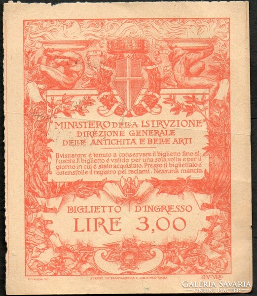 D - 010 -  Külföldi bankjegyek: 1925 Olaszország, 3 líra Pompei belépőjegy