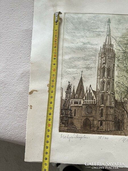 Colored etching Matthias church, without frame. Injured