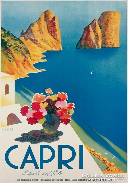 Vintage nyaralási utazási reklám plakát Capri 1952, modern reprint, mediterrán tenger part sziget