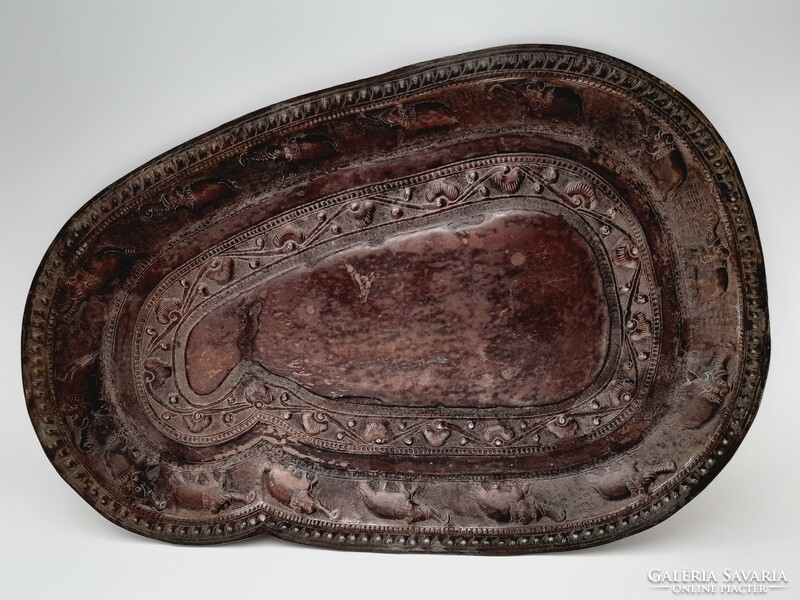 Old Sri Lankan shaped silver plated metal tray with elephants, 35.5 cm