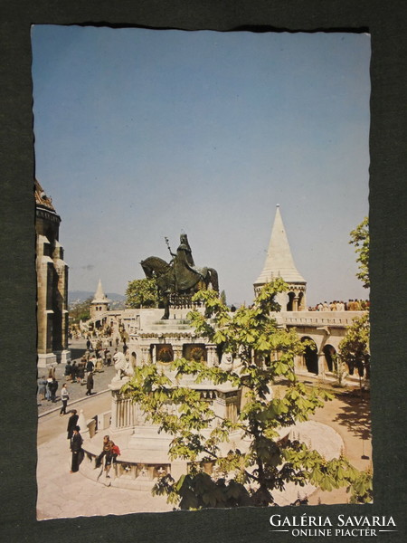 Képeslap, Budapest Mátyás templom, halászbástya, Szent István szobor részlet
