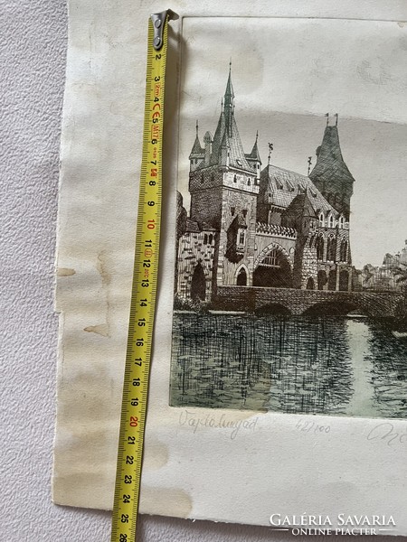 Colored etching of Vojdahunyad castle, without frame. Injured