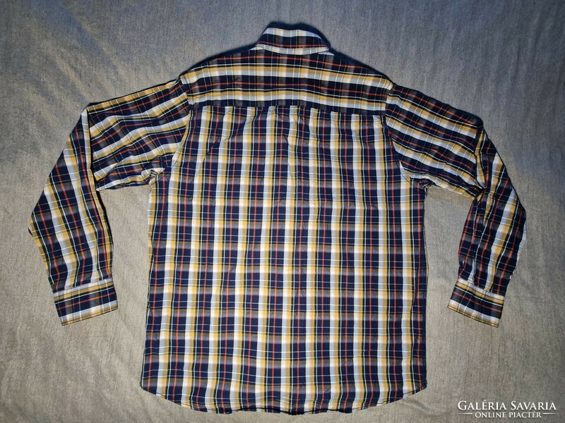 Basefield pure cotton fashionable blue yellow white checkered rounded bottom long sleeve men's shirt.