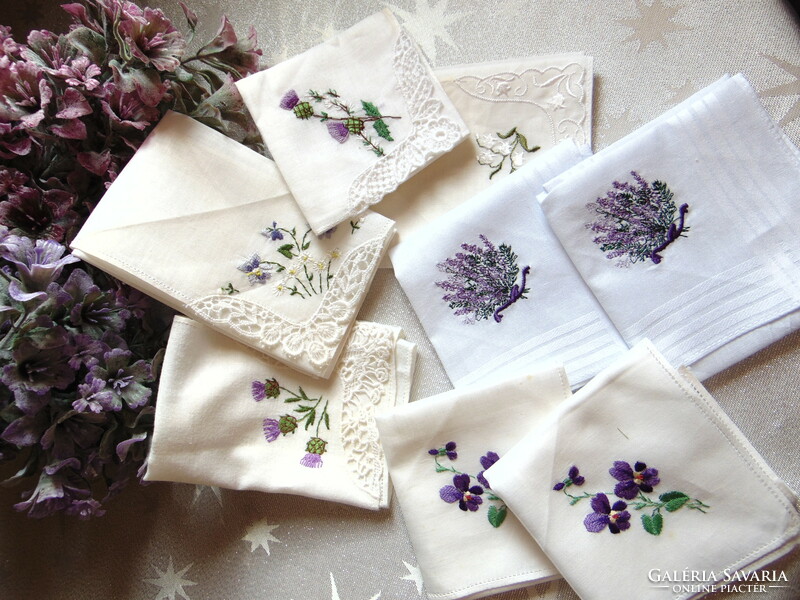 Violet and daisy embroidered textile handkerchief