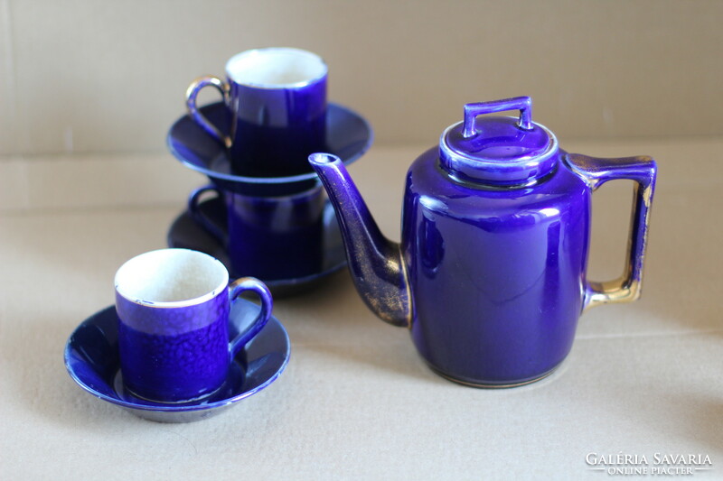 Art Deco kék mázas fajansz porcelán teáskészlet kanna csésze