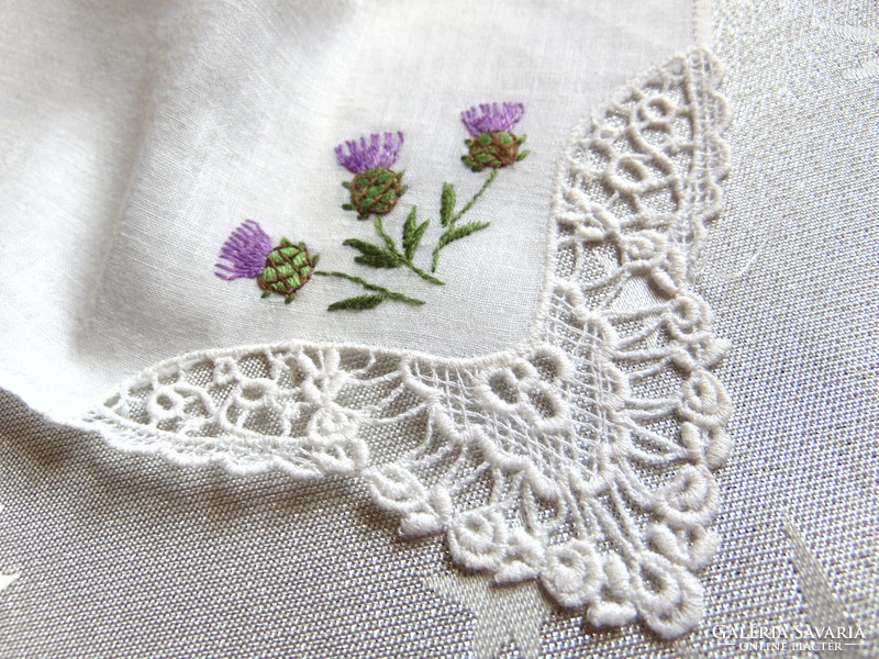 Thistle flower embroidered textile handkerchief