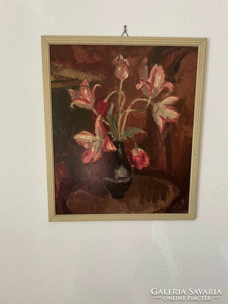 Tibor Tenkács: still life with tulips before 1989