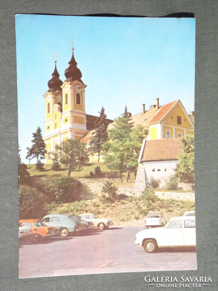 Postcard, Balaton, Tihany Abbey Church skyline, parking lot detail, Trabant, Skoda, Wartburg car