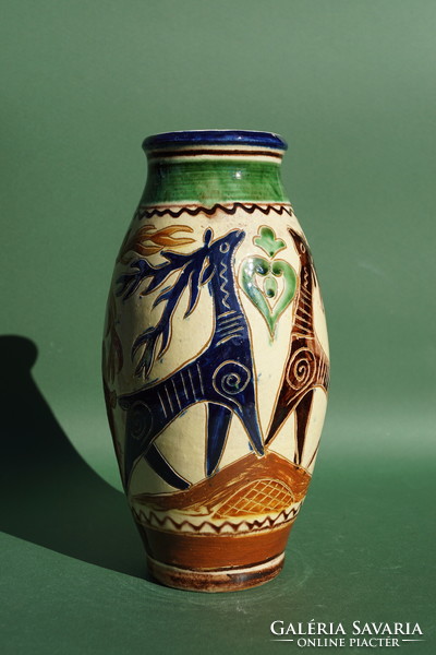 Ritka gyönyörű szép festésű korondi székely kerámia csodaszarvas pár mintás váza