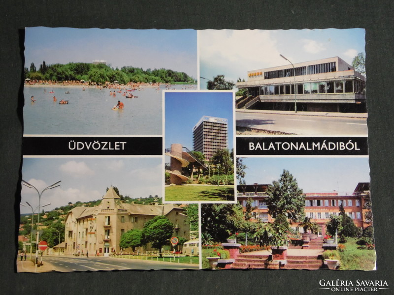 Képeslap, Balatonalmádi,mozaik részletek,OMNIA üdülő,posta,strand,Aurora Hotel,Tulipán szálló