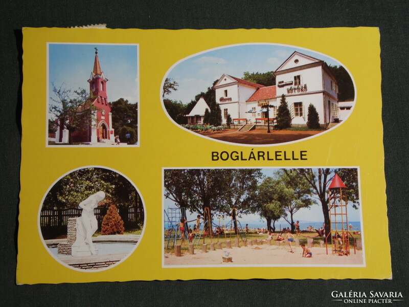 Képeslap,Boglárlelle mozaik részletek,strand játszótér,Pannonia söröző,templom,szökőkút