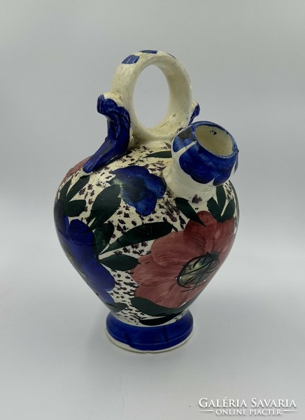 Spanish botijo cobalt blue and white floral double spout and handle pitcher