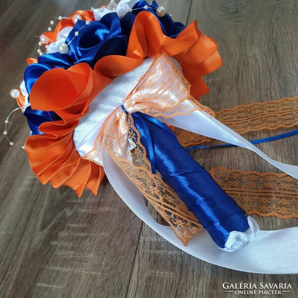 Wedding mcs23 - bridal bouquet of royal blue and orange satin roses with brooch