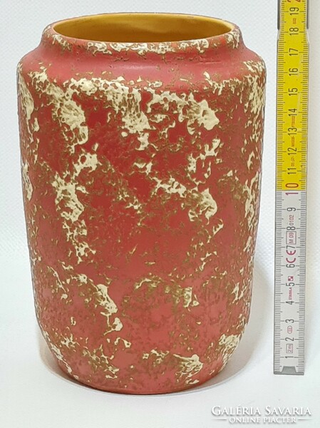 Tófej, fröcskölt fehér mázfoltos, piros mázas, szélesszájú henger kerámia váza (2925)