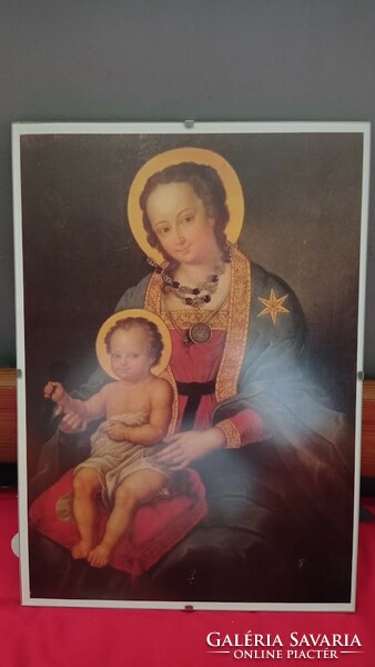 A/4 méretű szentkép, festmény reprodukció, Szűz Máriát és a kis Jézust ábrázoló kép modern keretben