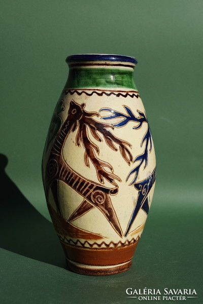 A rare, beautifully painted Korund Székely ceramic vase with a couple of deer patterns