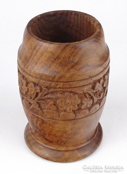 1Q261 old exotic carved wooden vase with flower decoration 12.5 Cm