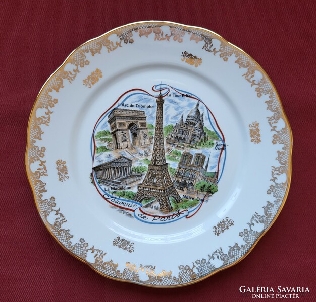 French porcelain plate with Paris landmarks with gold pattern, Paris souvenir