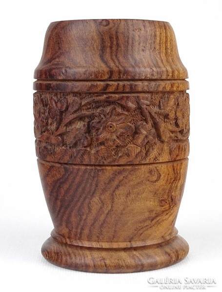 1Q261 old exotic carved wooden vase with flower decoration 12.5 Cm