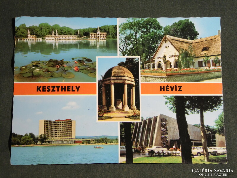 Postcard, Balaton, Keszthely, Hévíz mosaic details, hotel, fishing lodge, restaurant, Helikon monument