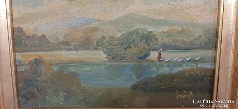 Neogrády antal: landscape, river bank, woman grazing geese 33x24